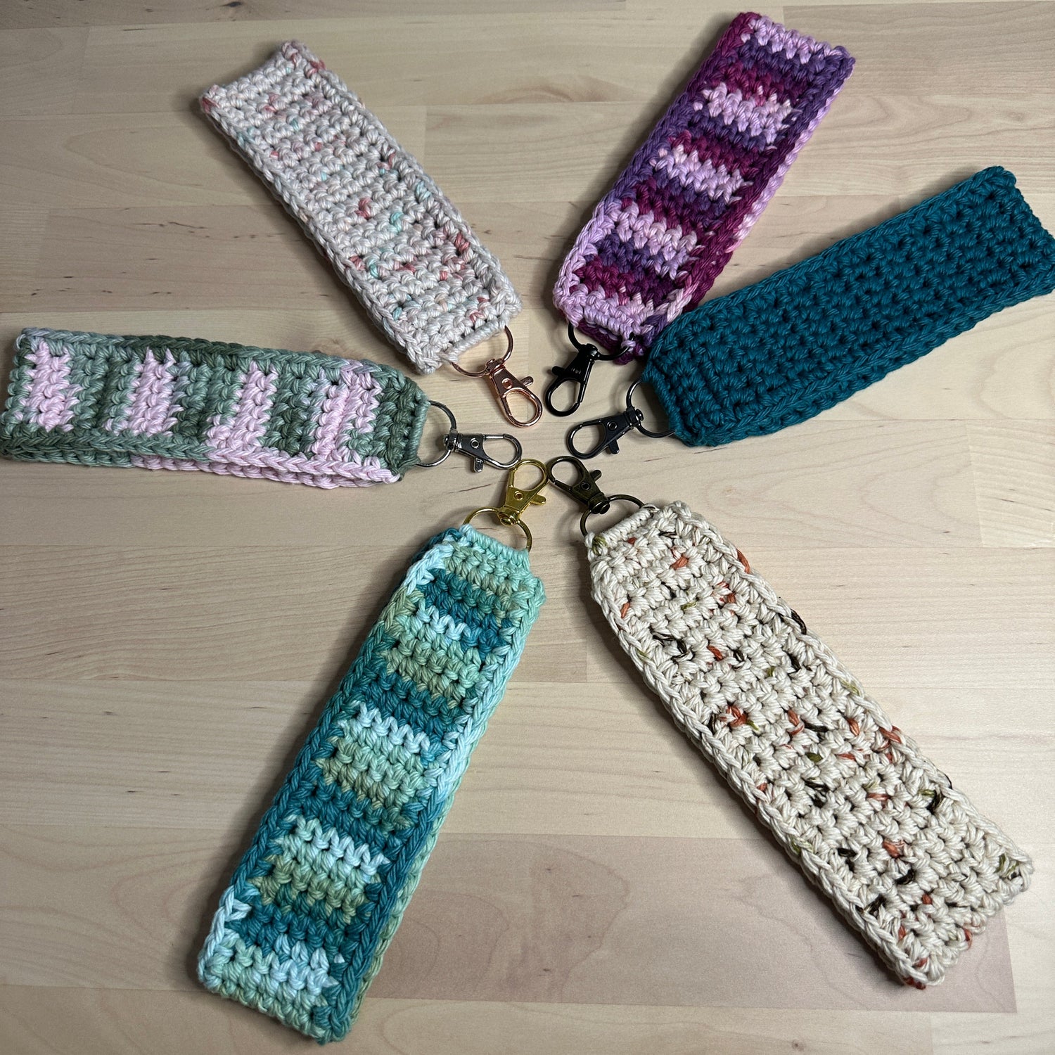 Six crochet keychains